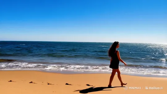 Elegant Woman Strolls on Sunlit Beach with Serene Background – AI Generated Video | Hailuo AI