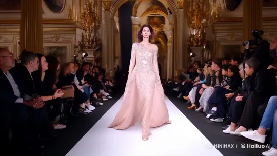 Paris Fashion Show: Elegant Walk in a Shimmering Evening Gown – AI Generated Video | Hailuo AI