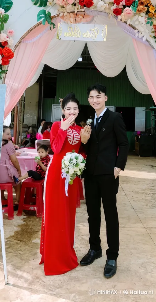 Formal Couple Celebrates Under Decorated Archway – AI Generated Video | Hailuo AI