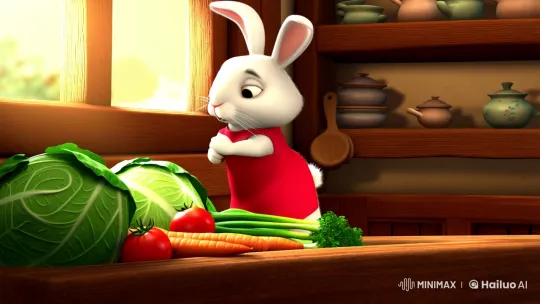 Cute Rabbit Washes Veggies in Cozy Kitchen – AI Generated Video | Hailuo AI