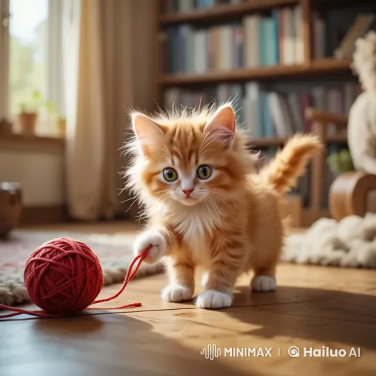 Adorable Orange Kitten Plays with Yarn in Sunlit Room – AI Generated Video | Hailuo AI