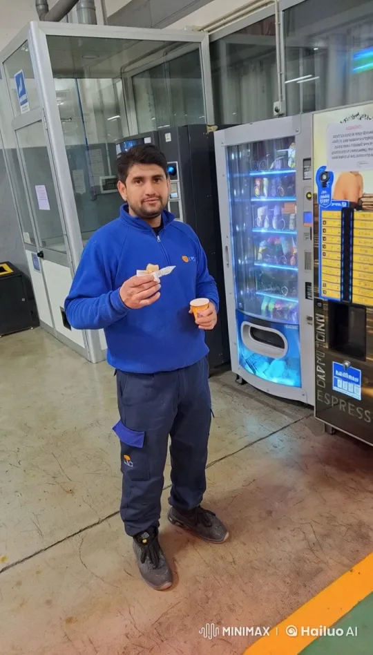 Factory Worker Performs Playful Ballet in Front of Vending Machines – AI Generated Video | Hailuo AI