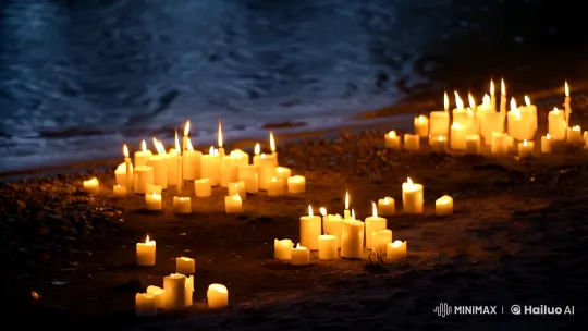 Tranquil Night Riverbank with Slow-Motion Water and Candles – AI Generated Video | Hailuo AI