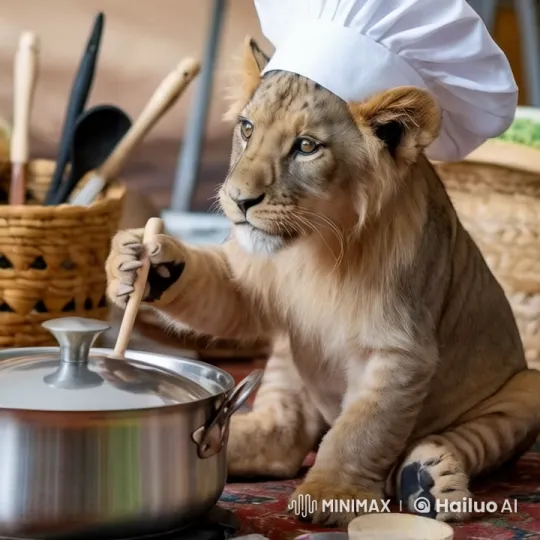Lion Cub Chef Cooks Biryani in Cozy Kitchen – AI Generated Video | Hailuo AI