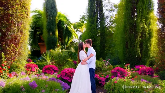 Intimate Moment Captured in Lush Garden Setting – AI Generated Video | Hailuo AI