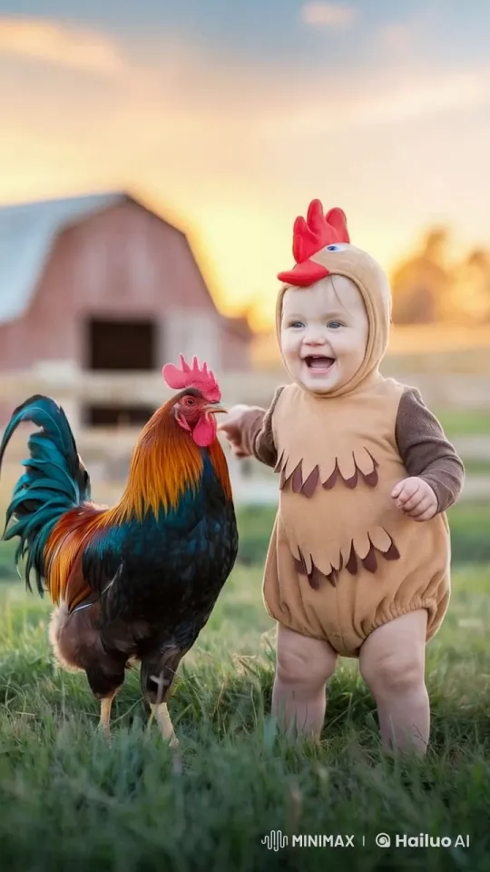 Baby and Rooster Share Playful Moment at Sunset Farm – AI Generated Video | Hailuo AI