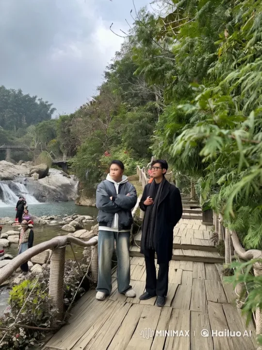 Two Men Spar Playfully on Wooden Path Amidst Nature – AI Generated Video | Hailuo AI