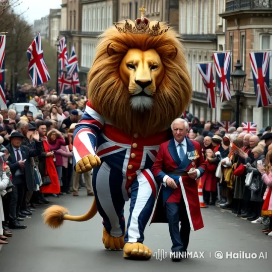 Royal Parade: King and Lion Mascot Celebrate with Crowds – AI Generated Video | Hailuo AI