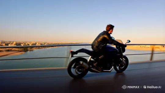 Motorcyclist Speeds Over Nile on Sleek Bridge – AI Generated Video | Hailuo AI