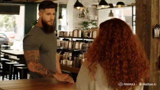Cozy Coffee Shop Encounter with Rugged Man and Curious Woman – AI Generated Video | Hailuo AI
