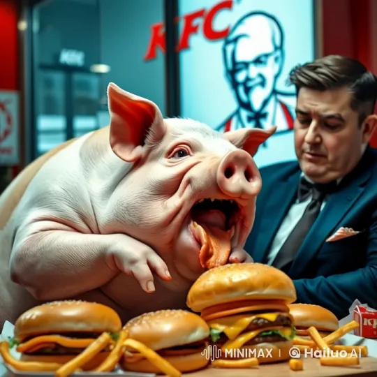 Pig Enjoys KFC While Man Grows Frustrated – AI Generated Video | Hailuo AI