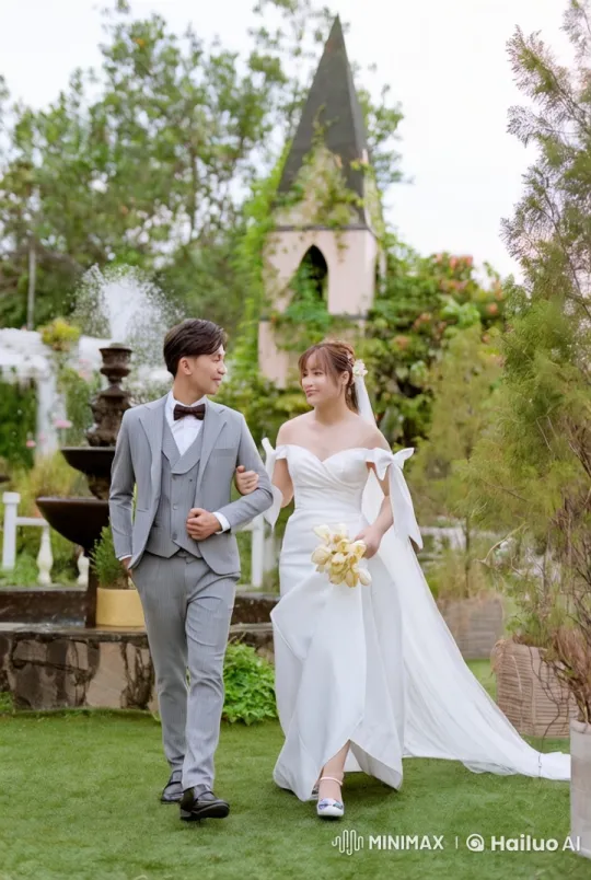 Wedding Couple Showcases Martial Arts in Elegant Garden Setting – AI Generated Video | Hailuo AI