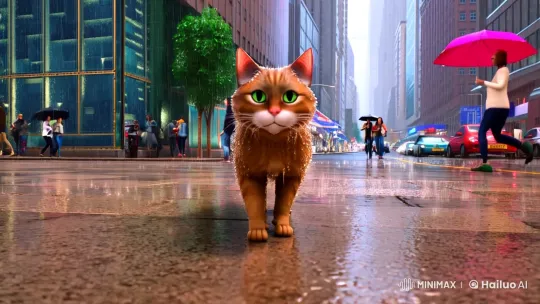 Resilient Cat Navigates Bustling City Under Rain – AI Generated Video | Hailuo AI