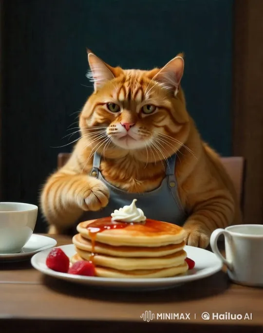 Fat Cat Enjoying Pancakes at Cozy Table – AI Generated Video | Hailuo AI