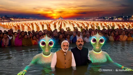 Kumbh Mela: PM Modi, Yogi Adityanath with Alien Figures Amidst Devotees – AI Generated Video | Hailuo AI