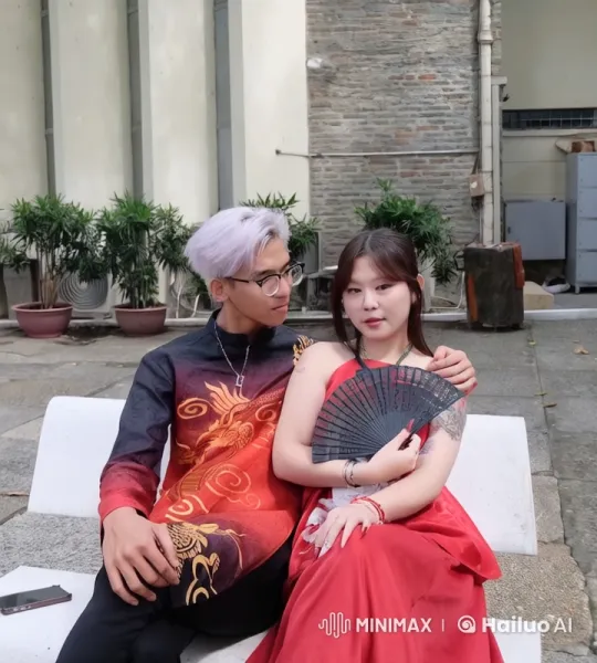 Young Couple on Bench with Artistic Fan Dance – AI Generated Video | Hailuo AI