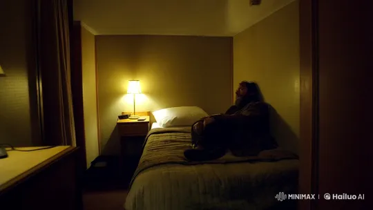 Lonely Man in Dimly Lit Hotel Room – AI Generated Video | Hailuo AI