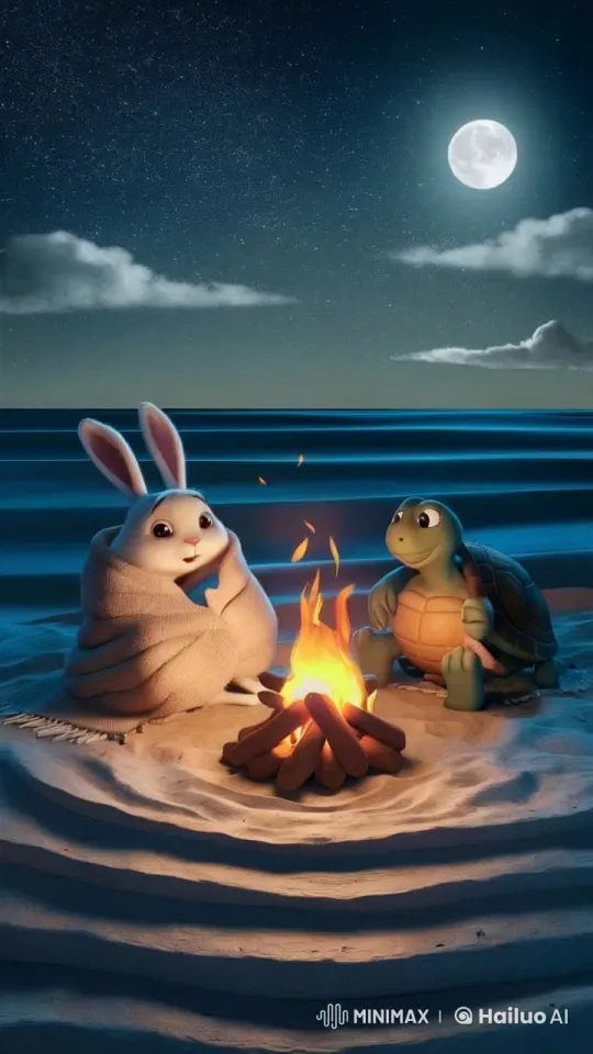 Rabbit and Turtle Enjoy Cozy Bonfire on Beach – AI Generated Video | Hailuo AI