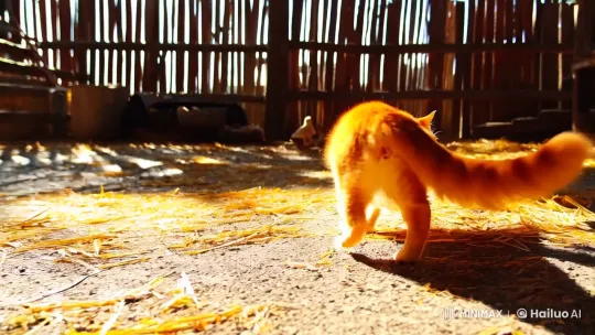Cat Orange Swiftly Steals Chicken in Rustic Barnyard – AI Generated Video | Hailuo AI