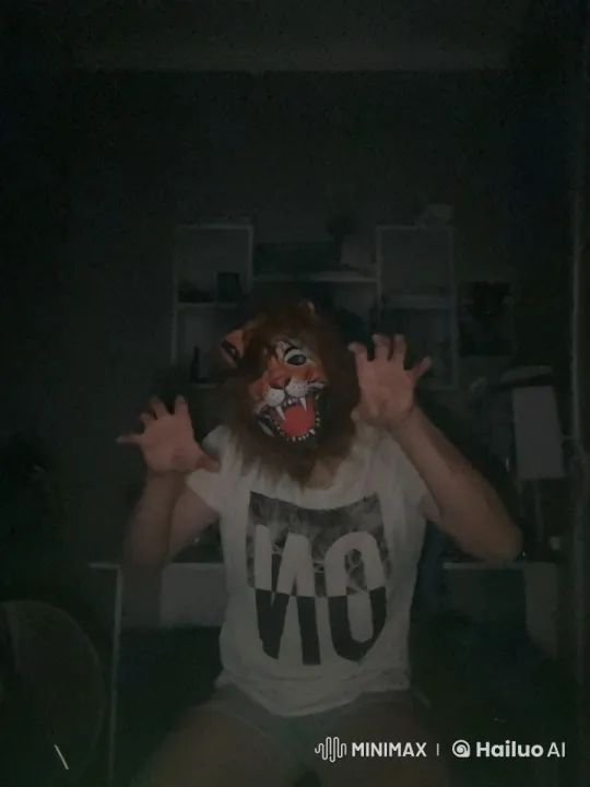 Haunted Lion Mask Performance in Dimly Lit Room – AI Generated Video | Hailuo AI