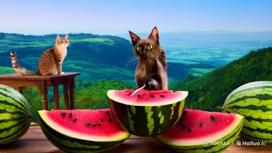 Artful Cat Slices Watermelon Amidst Scenic Beauty – AI Generated Video | Hailuo AI