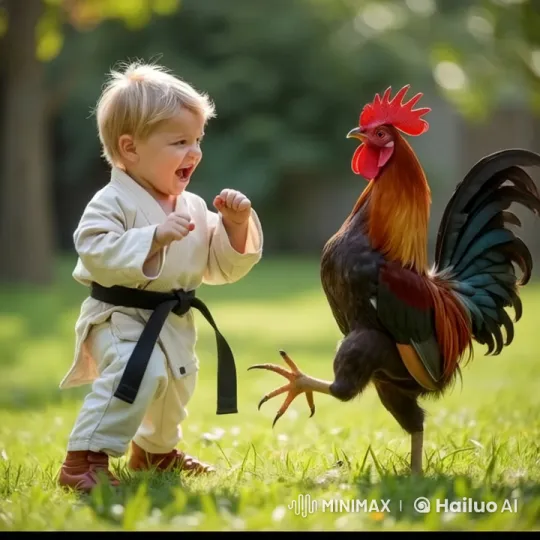 Child and Rooster Mimic Combat in Backyard – AI Generated Video | Hailuo AI