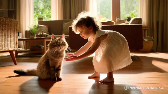 Child and Cat's Captivating Interaction in Sunlit Room – AI Generated Video | Hailuo AI