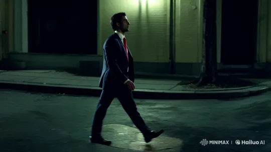 Mysterious Man in Suit Strides Down Evening Street – AI Generated Video | Hailuo AI