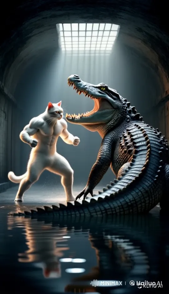 Anthropomorphic Cat Battles Crocodile in Underground Corridor – AI Generated Video | Hailuo AI