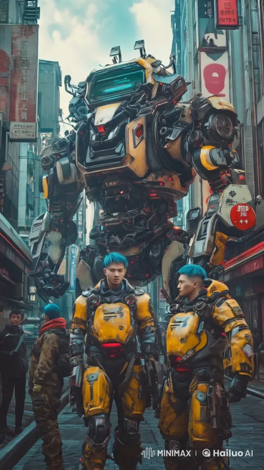 Soldiers and Giant Mecha in Futuristic Cityscape – AI Generated Video | Hailuo AI