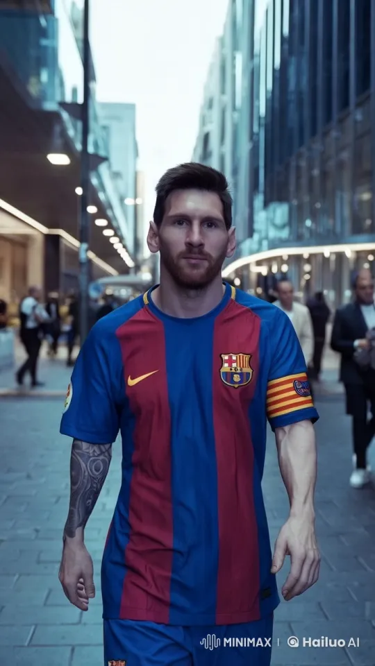 Messi Strolls Through Bustling City in Serene Mood – AI Generated Video | Hailuo AI