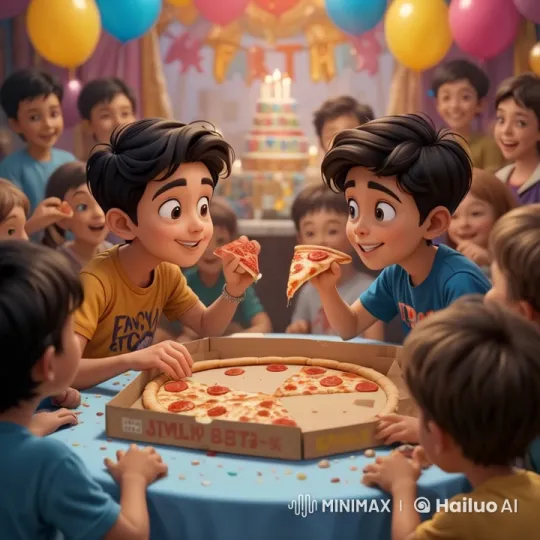 Boys Compete for Last Slice at Joyful Birthday Party – AI Generated Video | Hailuo AI