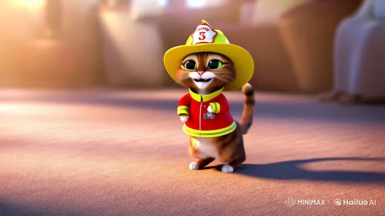Charming Cat in Firefighter Costume Dances – AI Generated Video | Hailuo AI