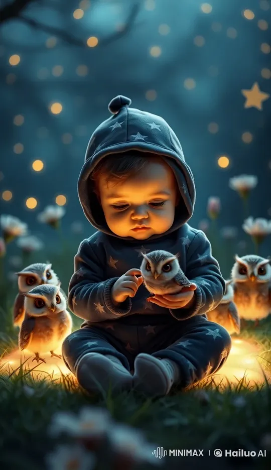 Baby and Owls in Enchanted Night Garden – AI Generated Video | Hailuo AI