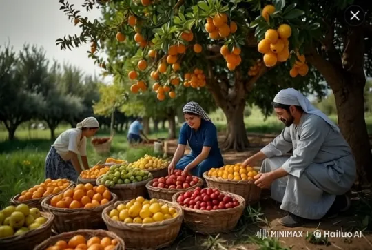 Traditional Attire Workers Harvesting in Lush Orchard – AI Generated Video | Hailuo AI