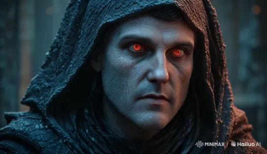 Transformation of a Hooded Figure with Fiery Cross – AI Generated Video | Hailuo AI