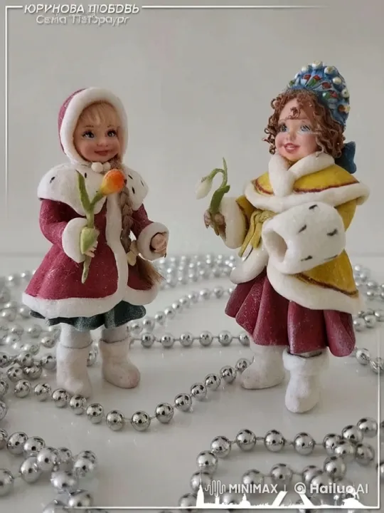 Winter-Themed Figurines Admire Flowers in Festive Scene – AI Generated Video | Hailuo AI