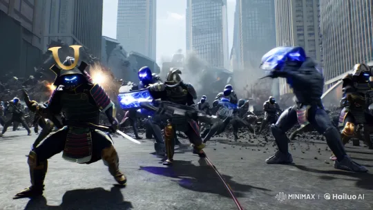 Futuristic Samurai Clash with Space Marines in Urban Warfare – AI Generated Video | Hailuo AI