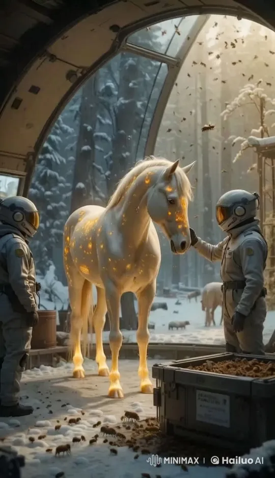 Rescued White Horse Heals in Futuristic Sanctuary – AI Generated Video | Hailuo AI
