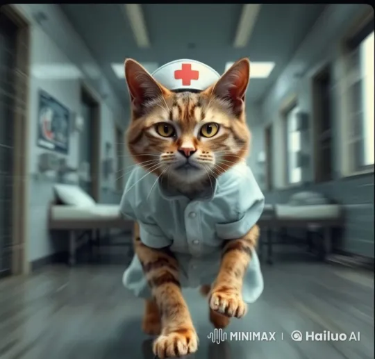 Nurse Cat Walks Through Hospital's Emergency Area – AI Generated Video | Hailuo AI