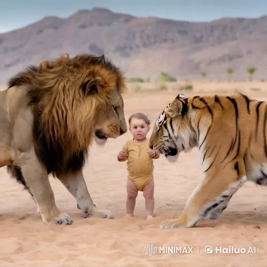 Desert Duel: Boy, Lion, and Tiger's Intense Battle – AI Generated Video | Hailuo AI