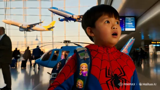 Boy with Spider-Man Jacket Dreams at Airport – AI Generated Video | Hailuo AI