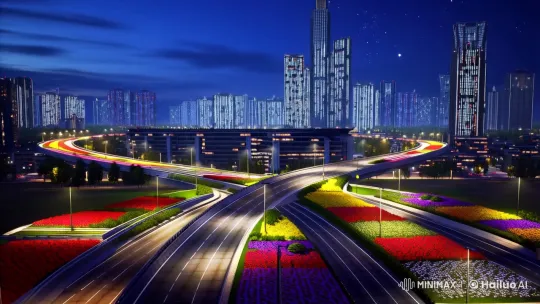 Metropolitan Overpass Showcases Urban Design and Nature's Harmony – AI Generated Video | Hailuo AI