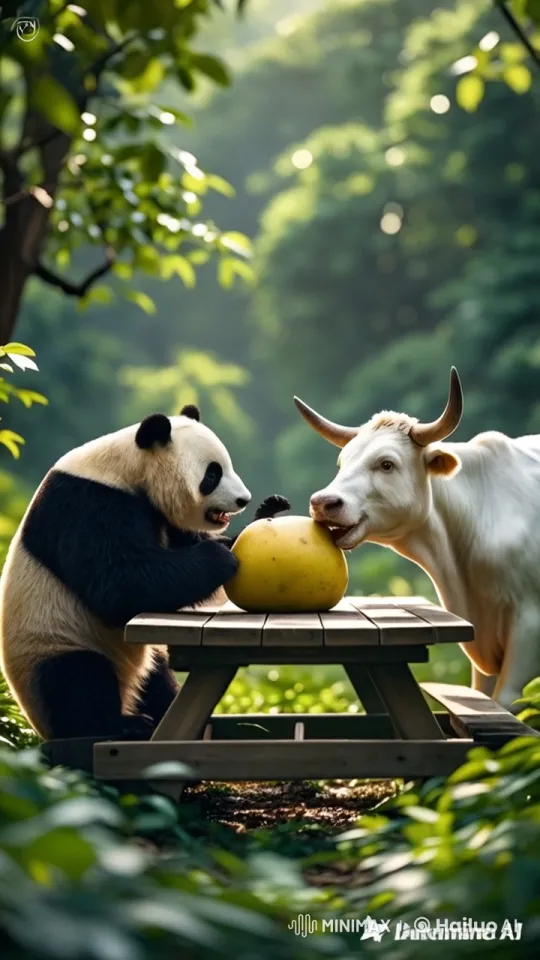 Panda and White Cow Battle Over Fruit in Jungle – AI Generated Video | Hailuo AI