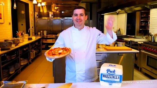Chef Showcases Pizza in a Dynamic Kitchen Scene – AI Generated Video | Hailuo AI