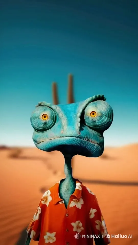 Blue Chameleon in Desert with Hawaiian Shirt – AI Generated Video | Hailuo AI