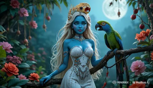 Mystical Forest Under Full Moon with Enchanted Woman and Parrot – AI Generated Video | Hailuo AI