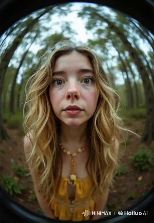Young Woman in Beaded Yellow Top Walks Through Forest – AI Generated Video | Hailuo AI