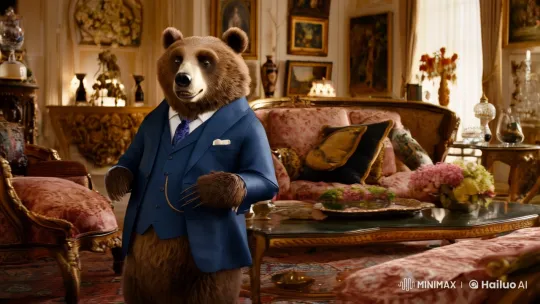 Bear in Suit Discusses in Opulent Living Room – AI Generated Video | Hailuo AI