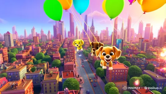 Puppies Drift Over Cityscape on Balloon Adventure – AI Generated Video | Hailuo AI